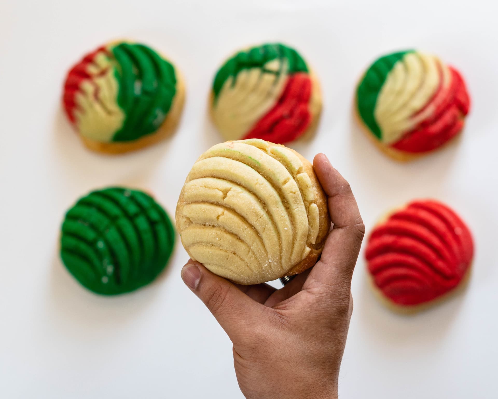 Hand holding Mexican concha with others displayed behind