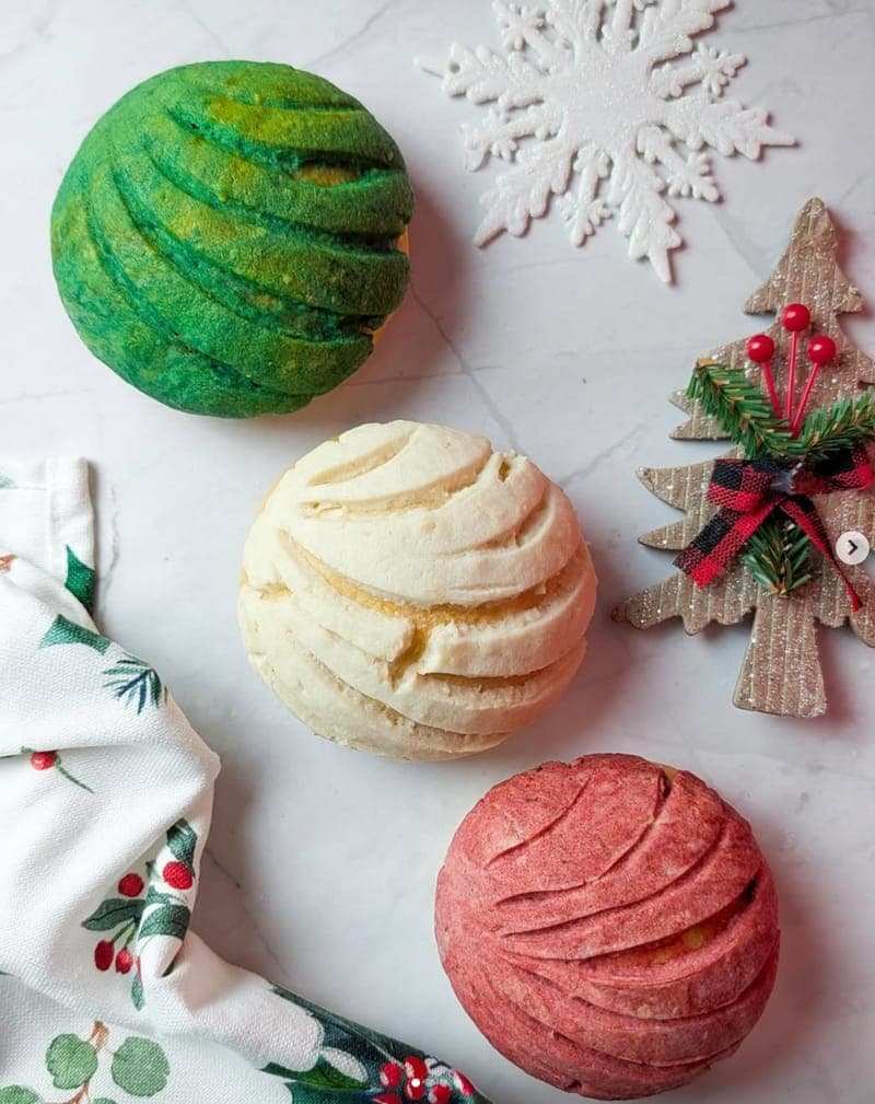 Holiday conchas - festive vegan Mexican sweet breads